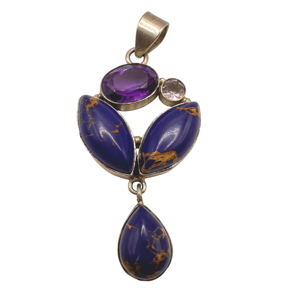 Gemstone Pendant Silver Plated Abstract Flower Drop 2.25" Artsy